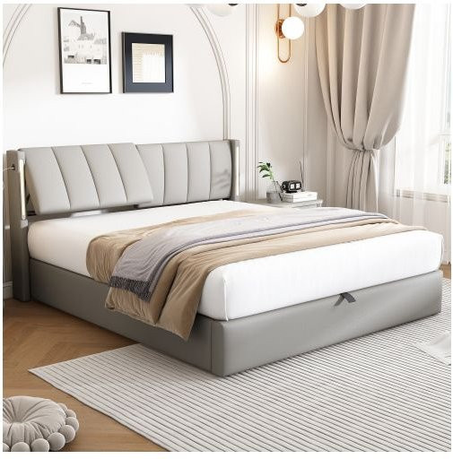MUVOE Polsterbett mit integrierter LED-Beleuchtung und USB-Anschluss, grau, B/T: 140 x 190 cm - Bild 1