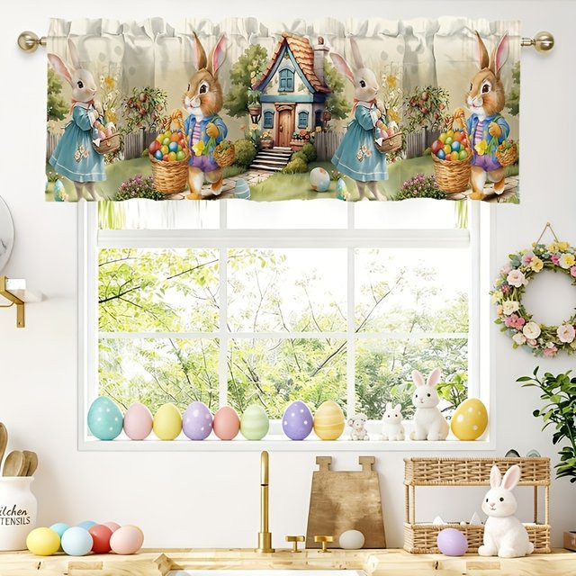 VIKAMA Oster-Küchenvorhang mit Hasen- und Osterei-Motiv, halbtransparenter Kurzvorhang in Multicolour - Bild 1