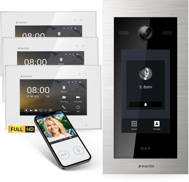 Balter EVO HD Touch Video-Türsprechanlage mit Touchscreen und RFID für Dreifamilienhäuser, Set mit 3x 7 Zoll Monitor, Silber-Weiß - Bild 1