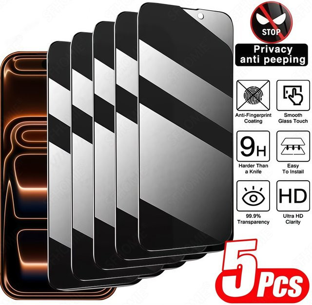 5 Stück SFHOMIE Anti-Spion Displayschutzfolie aus gehärtetem Glas für iPhone 11 bis iPhone 17 Pro Max, transparent - Bild 1