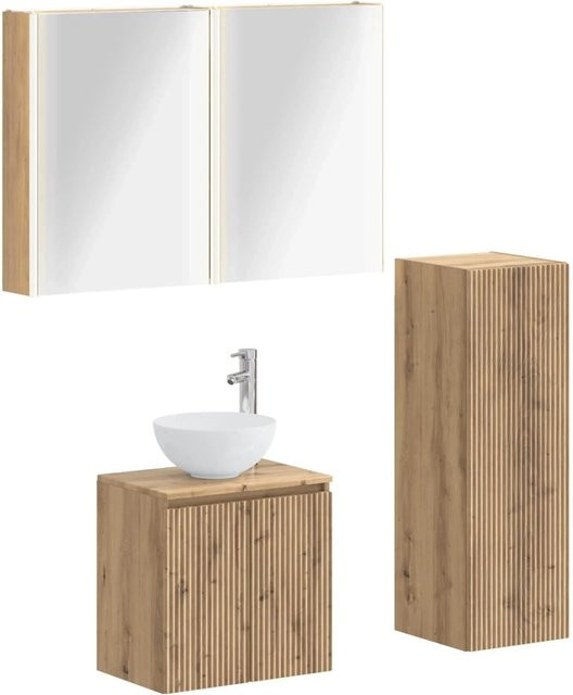 vidaXL Badezimmermöbel-Set 4-teilig in Artisan-Eiche mit Glasfronten und LED-Beleuchtung, Farbe: Braun - Bild 1