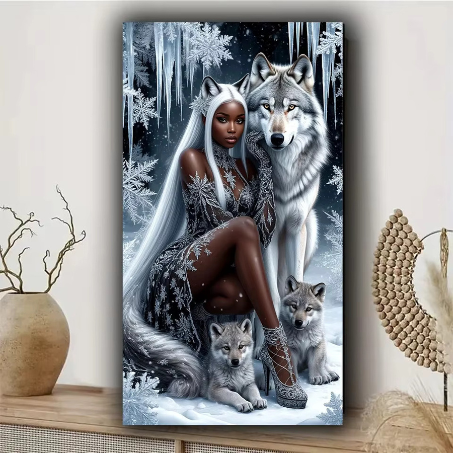 YOGOTOP Diamantmalerei Set Schneekönigin und der Wolf Bär, rundes Diamant-Mosaik Kunstwerk in Mehrfarbig, Durchmesser: 40 cm - Bild 3