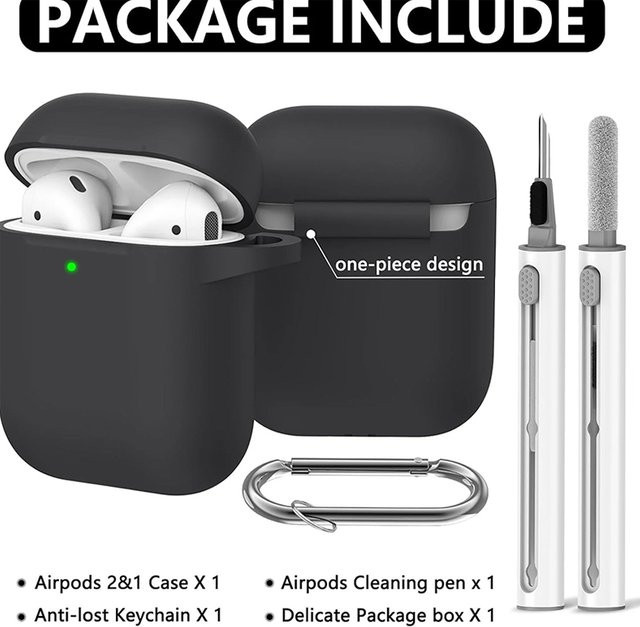 Stoßfeste Silikonhülle für Apple AirPods 1 und 2 in Schwarz inklusive Haken und Reinigungsset - Bild 1