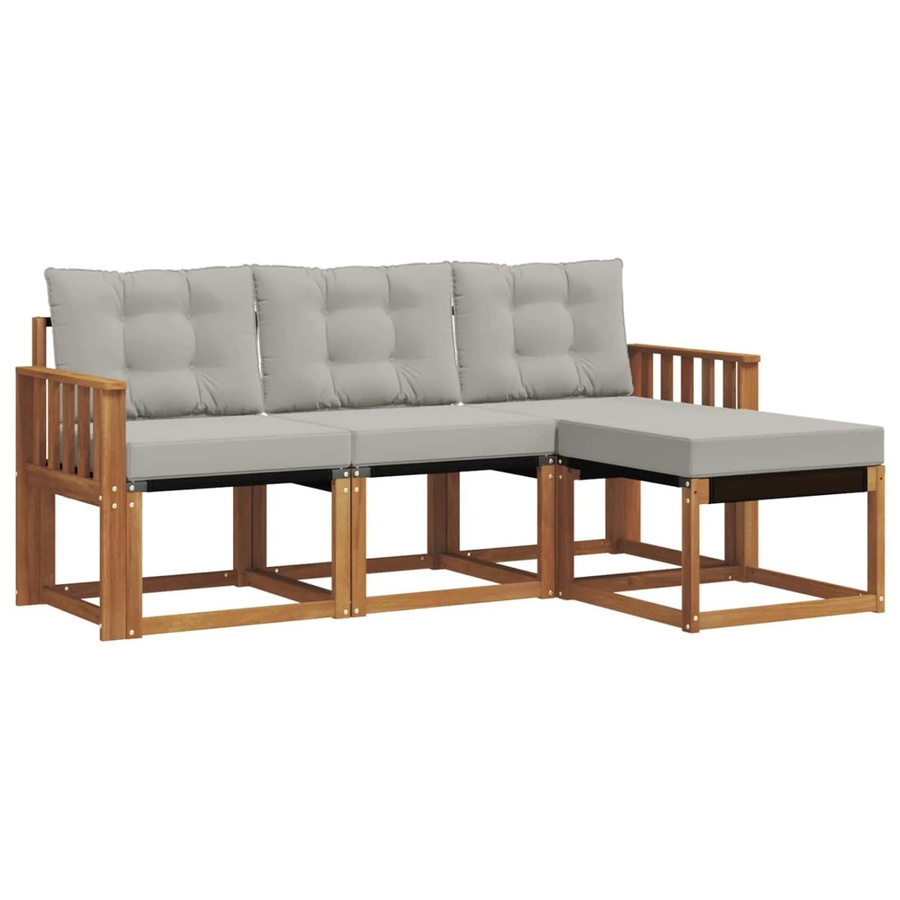 vidaXL Outdoor-Sofagarnitur 4-teilig L-Form aus Akazienholz und Textilene in Natur und Hellgrau mit UV-beständigen Kissen - Bild 2