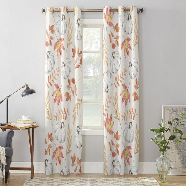 Modernes Fenster-Vorhangset mit Herbst-Ahornblatt und Kürbis-Motiv von Super Six, Farbe Weiß, Breite: 135 cm, Höhe: 60 cm - Bild 1