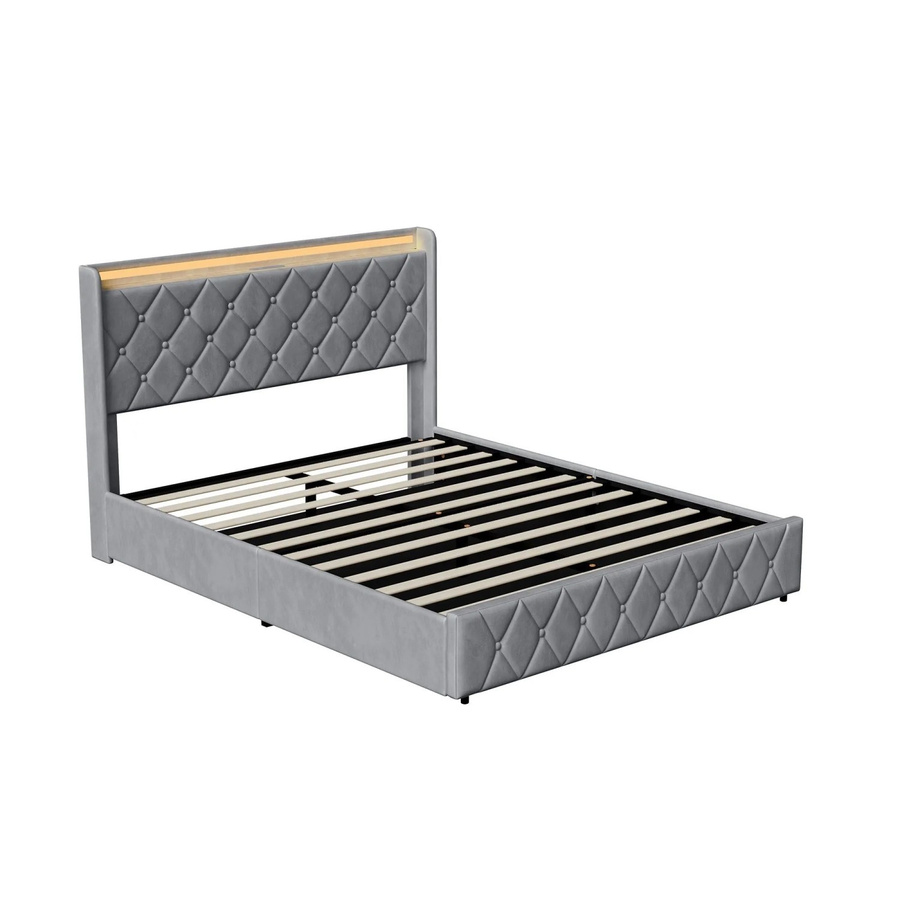 PXloue Doppelbett Grau mit LED-Beleuchtung, Ladestation und Schubladen, B/T/H: 140 x 200 x 45 cm - Bild 2