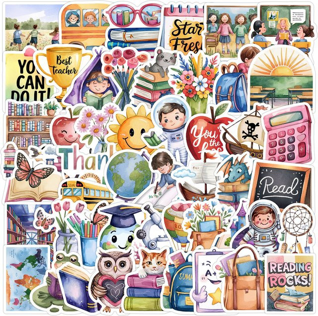 50 bis 100 Stück Cartoon Aquarell Doodle Aufkleber im Campus Stil für DIY Schreibwaren, Notebooks und Boxen, Mehrfarbig - Bild 1
