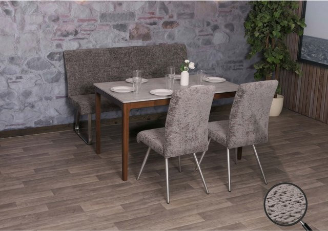 MCW Esszimmer-Set G55 mit 2 Stühlen und einer 160 cm Sitzbank aus Chenille in Dunkelgrau und gebürstetem Edelstahl - Bild 1