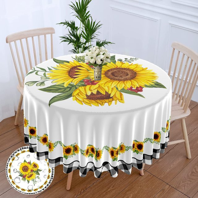 Wasserdichte runde Tischdecke aus Polyester mit Sonnenblumen-Ölgemälde-Design im böhmischen Stil, Durchmesser: 160 cm - Bild 1