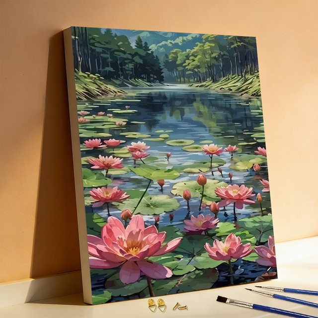 Huacan Malen nach Zahlen Lotus, DIY Ölgemälde, Seelandschaft, Blumenlandschaft - Bild 1