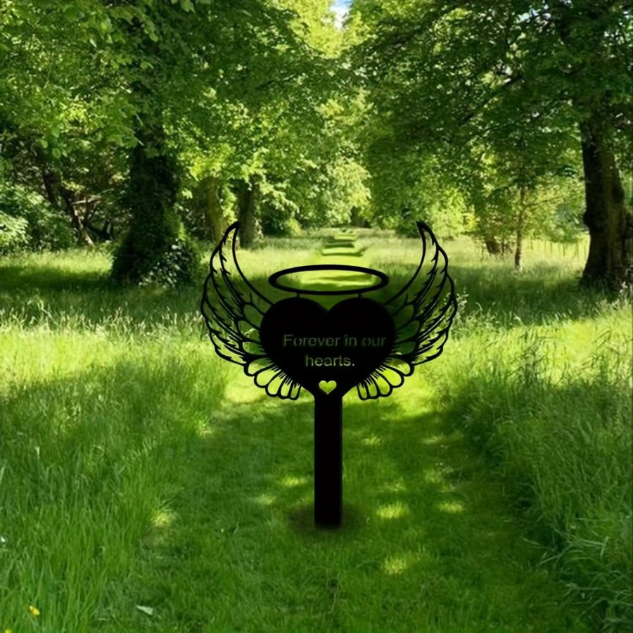 CIFbuy Engelsflügel-Herz Gedenkstein aus Metall in Schwarz als Grabstein und Gartendekoration für Haustiere oder Menschen - Bild 3