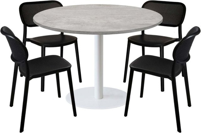 RestooTab Esstisch-Set Rome XL mit 4 Stühlen, runder Esstisch in Grau/Beton mit weißem Gestell, Durchmesser: 120 cm, Höhe: 75 cm - Bild 1