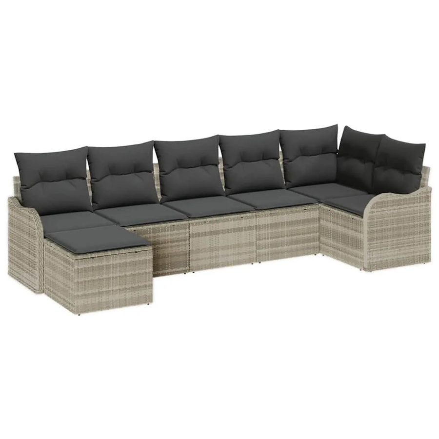 vidaXL Garten-Sofa-Set 7-teilig in L-Form aus Poly-Rattan mit Kissen und Ottoman, Hellgrau - Bild 2