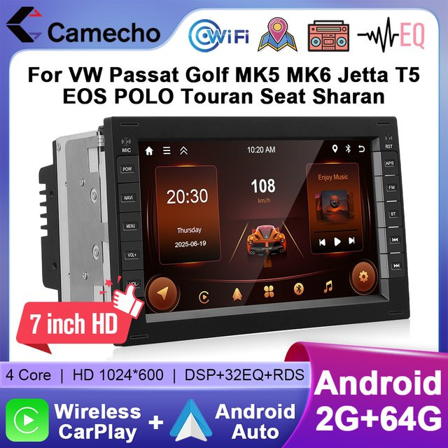 Camecho Android Auto Radio mit GPS und 2 GB RAM + 64 GB Speicher in Schwarz für Volkswagen VW Bora Polo MK3 Passat B5 Jetta Golf 4 T4 T5 mit Carplay - Bild 1