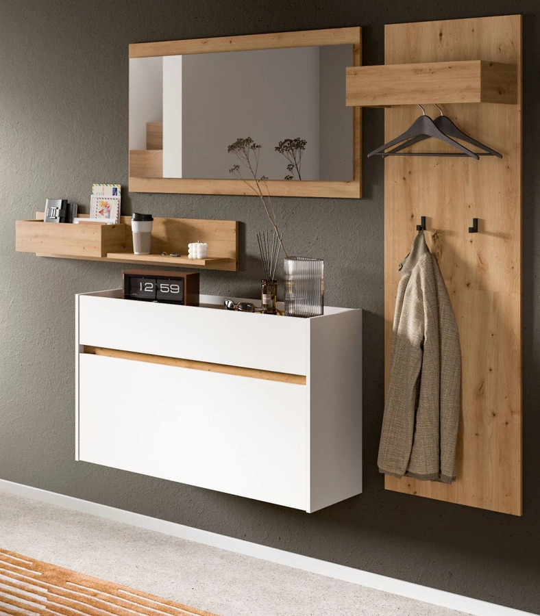 4-tlg. Garderobe Set Borga von Inn.Furn in Weiß und Eiche mit Spiegel, Bank, Schuhschrank und Paneel, Höhe: 205 cm - Bild 1