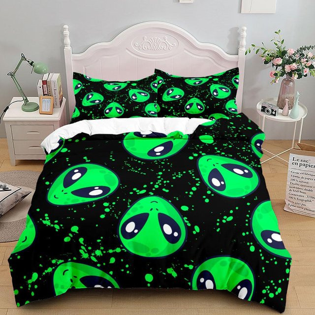 Aliens Kinder Bettwäsche-Set aus Mikrofaser in Grün, 3-teilig mit Bettbezug und Kissenbezug, B/H: 155 x 215 cm - Bild 1