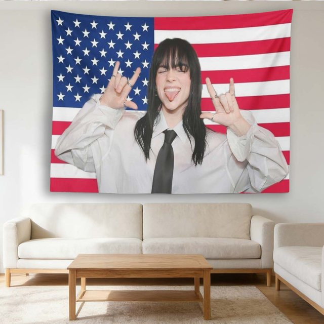 Billie Eilish Motiv Wandteppich in Rosa und Weiß, Dekorativer Wandbehang für Schlafzimmer und Wohnzimmer, Breite: 150 cm, Höhe: 180 cm - Bild 1