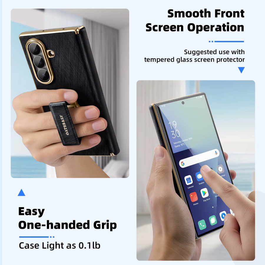 Oatsbasf Handyhülle für Samsung Galaxy Fold 7 aus Leder mit Trageriemen und 360 Grad drehbarem Metallständer in Schwarz und Silber - Bild 4