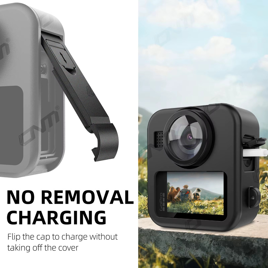 Stoßfeste Silikonhülle für GoPro Max2 in Schwarz mit Schutz für Batteriefach und Objektivdeckel - Bild 4