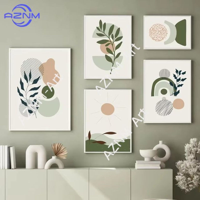 AZNM Boho Wandkunst Leinwanddruck mit abstrakten floralen Linien in Salbeigrün, Nordisches Poster für deine Wohnzimmerdekoration - Bild 1