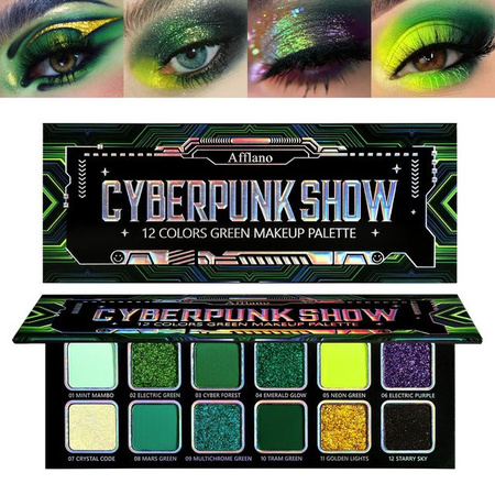 Afflano Lidschatten-Palette, 12 Farben, grün, matt, schimmernd, glitzernd