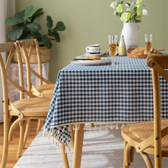 RW-Home Decoration Tischdecke aus Leinen und Baumwolle mit Karomuster und Fransen, Blau, B/T: 90 x 90 cm - Bild 1