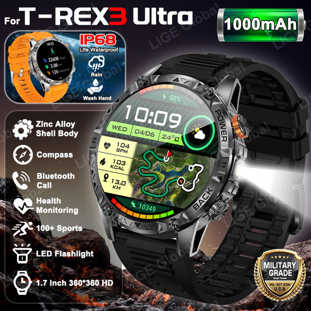 LIGE Militär-Smartwatch T-Rex 3 Ultra mit 1000mAh Akku, IP68 Wasserdicht, Kompass und Taschenlampe, Sport-Tracker für Herren in Orange und Schwarz - Bild 1