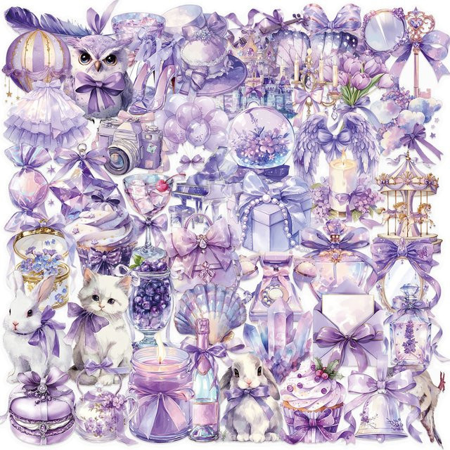 50/100 Stück Wasserfeste Transparente PET Aufkleber mit Lila Cartoon Traum Motiv für Notebook und Schreibwaren - Bild 1