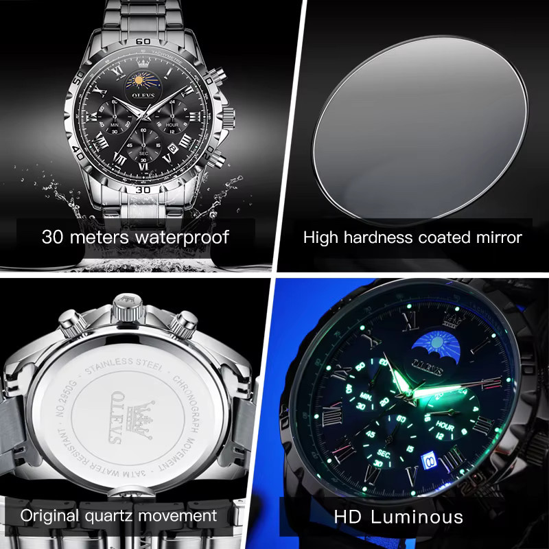 OLEVS Armbanduhr, Quarz, Chronograph, Edelstahl, Schwarz, Silber, Herren - Bild 6