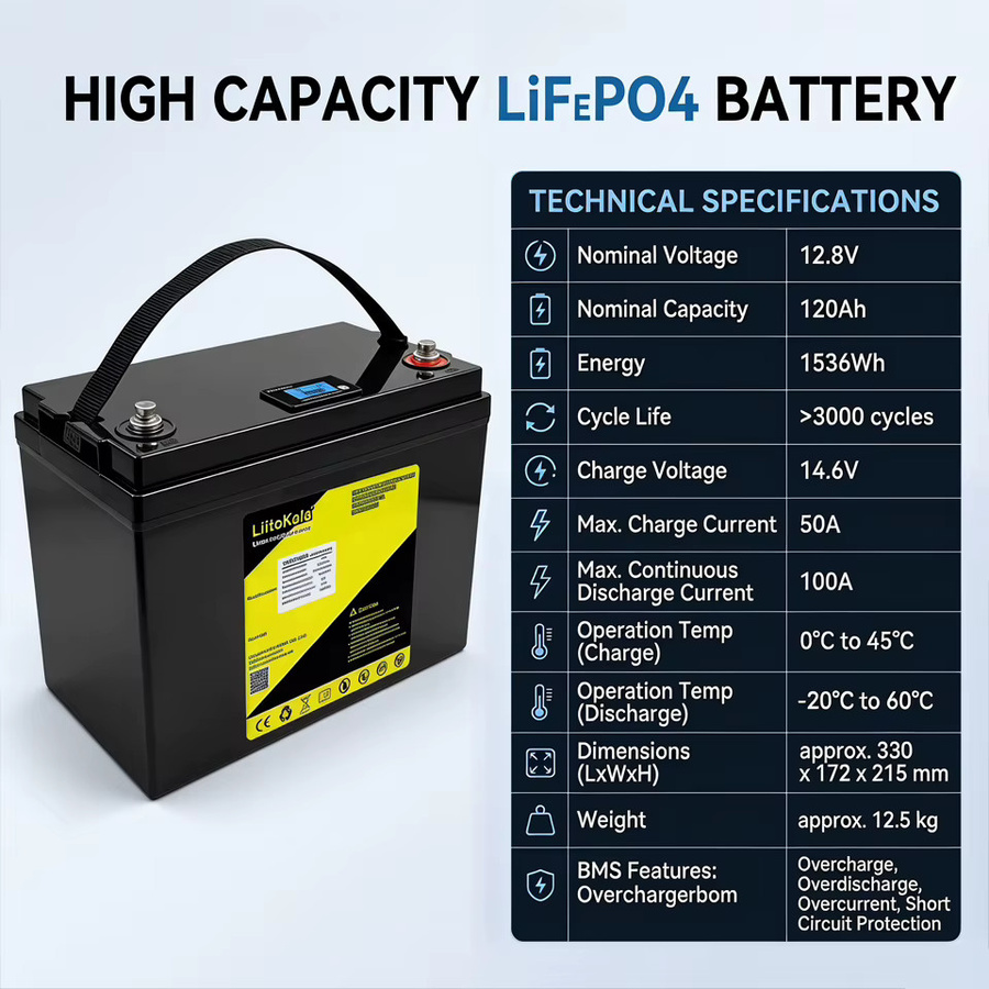 LiitoKala LiFePO4 Batterie 12V 120Ah 1536Wh mit Smart LCD-Display in Blau/Schwarz - Bild 7