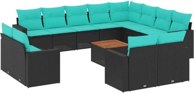 vidaXL 13-tlg. Garten-Sofagarnitur in L-Form aus Polyrattan und Akazienholz mit Kissen, Schwarz - Bild 1