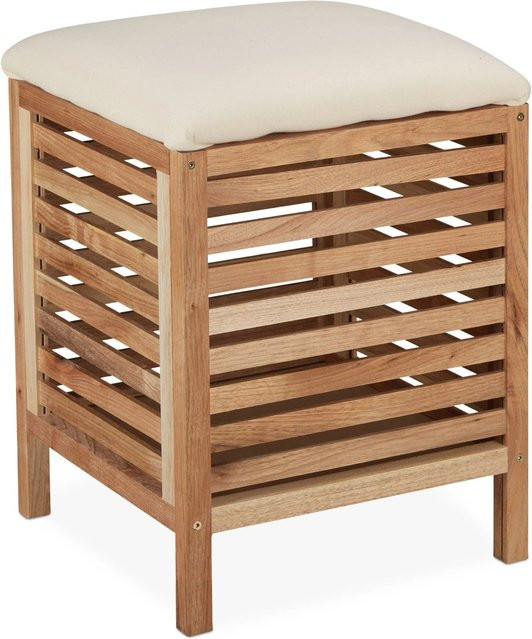 Relaxdays Wäschekorb mit Sitz aus Walnussholz in Natur und Creme, B/T/H: 51 x 39 x 39 cm - Bild 1
