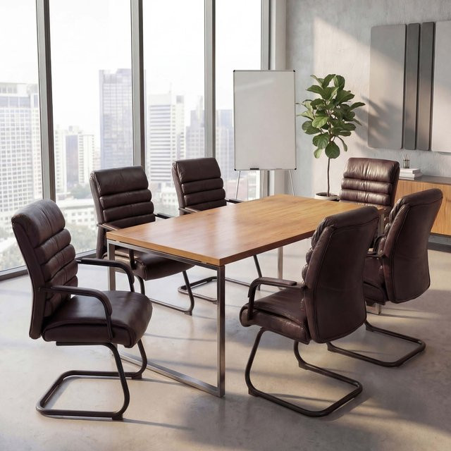 6er-Set Konferenzstühle MCW-H31 Freischwinger im Vintage-Design aus braunem Kunstleder mit Metallgestell - Bild 1