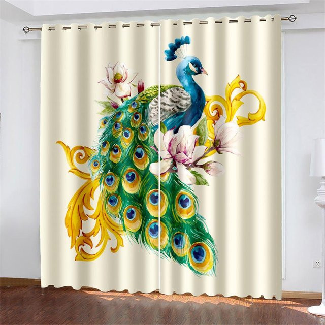 Zweiteiliges Vorhangset mit blauem Pfauenfeder-Design, weißen Blumen und Schmetterlingen im modernen chinesischen Stil, halbtransparent, Farben: Blau, Weiß, Multicolour, Breite: 60 cm, Höhe: 60 cm pro Stück - Bild 1