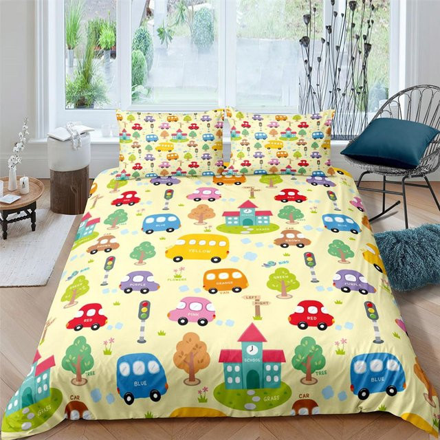 Bettwäsche Set mit Bagger und Traktor Motiv für Kinder, Cartoon Maschinen Muster, Multicolor, B/H: 135 x 200 cm - Bild 1