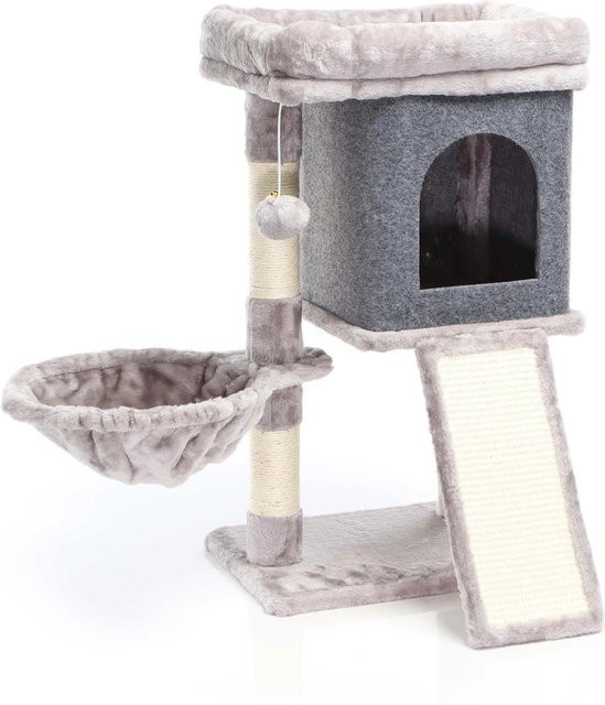 Fudajo Kratzbaum in Betongrau mit integriertem Spielzeug aus Plüsch und Sisal, Höhe: 71,5 cm - Bild 1