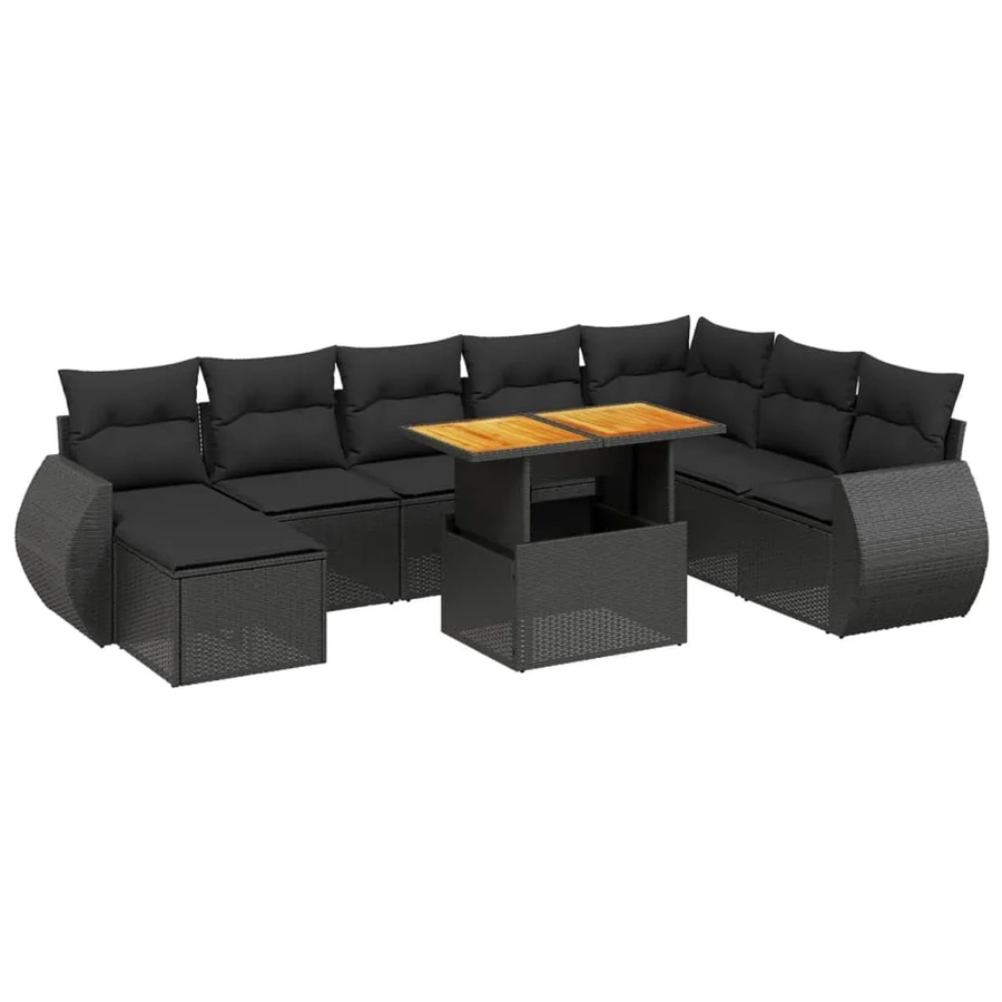 vidaXL 9-teilige Garten-Sofagarnitur aus Poly-Rattan und Akazienholz in Schwarz mit Kissen - Bild 2