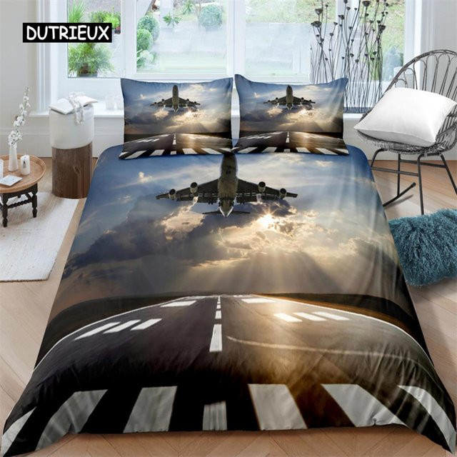 Bettwäsche-Set mit Kampfflugzeug-Motiv von Binchi Outdoor Product in Blau für Kinder und Jugendliche, bestehend aus Bettbezug und Kissenbezug, B/H: 135 x 200 cm - Bild 1