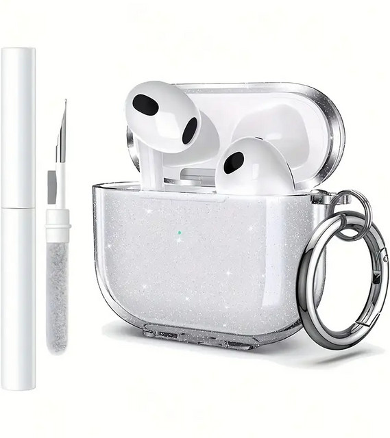 Stoßfeste TPU Schutzhülle für AirPods 4. Generation inklusive Reinigungsset und Schlüsselanhänger in Beige oder Transparent - Bild 1