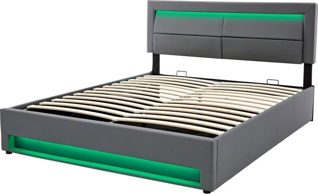 okwish Polsterbett mit USB-Anschluss, LED-Beleuchtung und Stauraum in Grau, B/T/H: 140 x 200 x 109 cm - Bild 1