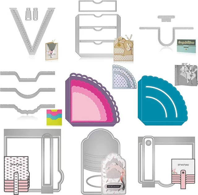 DIY Bastelset für Taschenanhänger und Fotoalben mit Eck-Metall-Stanzformen und Wasserfall-Klappen-Set in Silber - Bild 1