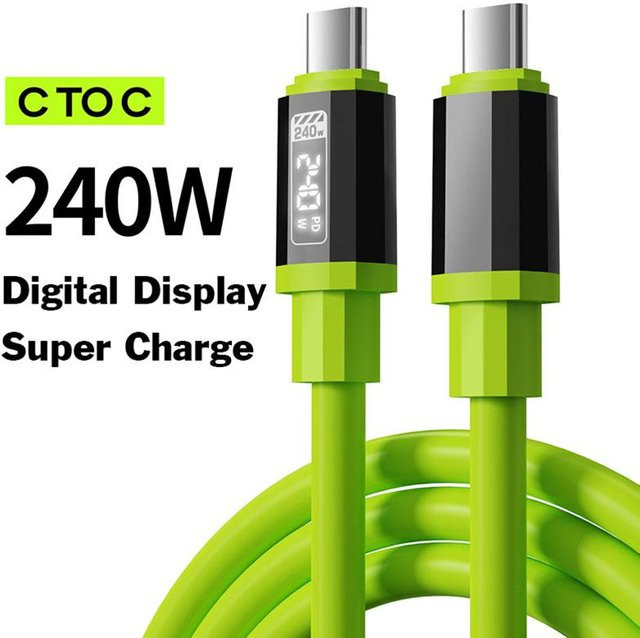 AlongChoice Schnellladekabel mit Digital Display Typ-C auf Typ-C und Lightning, 240W, 6A, Länge: 1,5 m, Grün - Bild 1