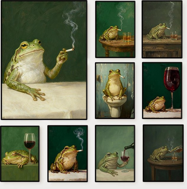 Potdemiel Vintage Leinwandgemälde mit rauchendem Frosch in Mehrfarben, Wandkunst im Moody-Stil für dein Wohnzimmer - Bild 1