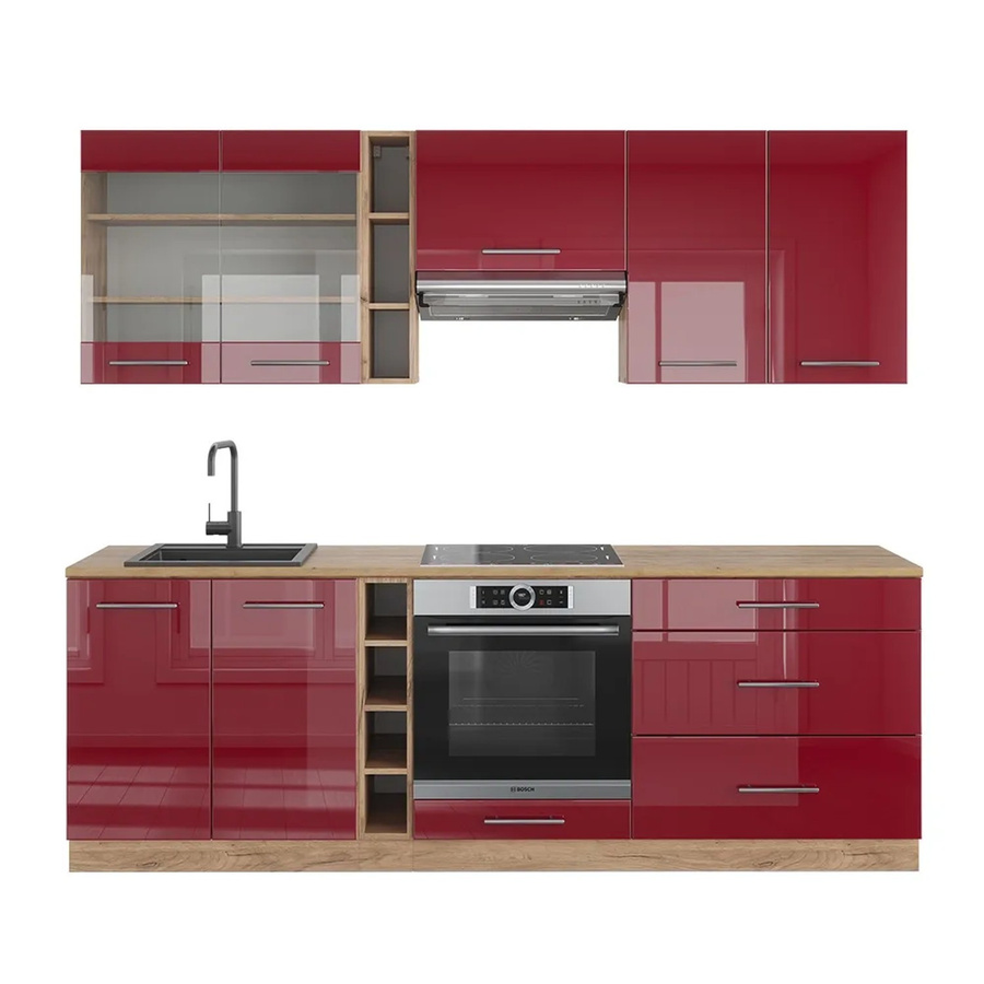 Vicco Fame-Line Küchenzeile Bordeaux Hochglanz in Goldkraft Eiche, Breite: 235 cm - Bild 2