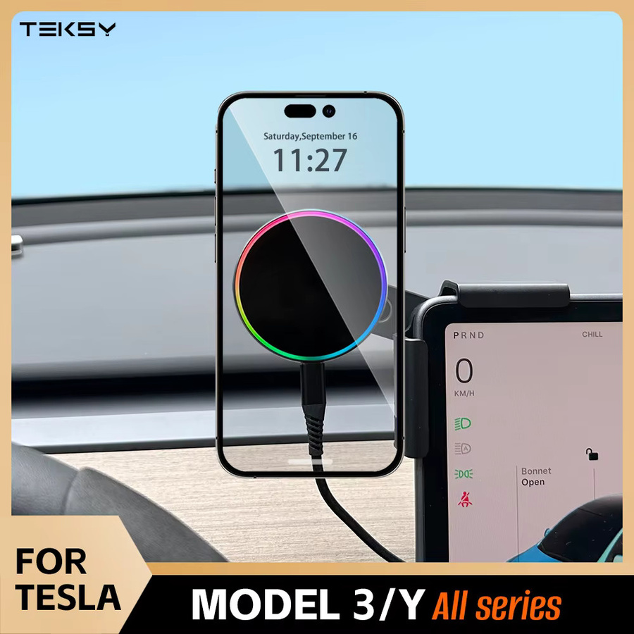 TEKSY Magnetische Auto-Handyhalterung mit 15W und 25W Qi2.2 kabellosem Ladegerät kompatibel mit MagSafe für Tesla Model Y und Model 3 Juniper in Schwarz - Bild 2