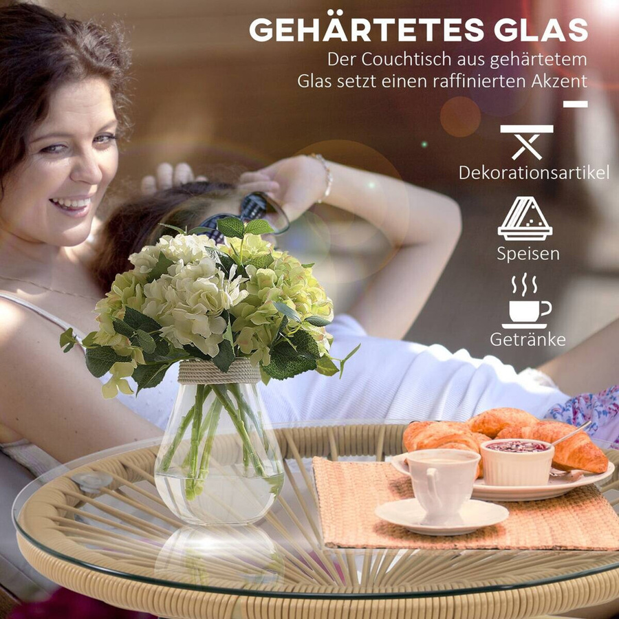 Outsunny Beistelltisch aus Rattan und Glas in Beige im Boho-Stil für Garten, Terrasse und Veranda, B/T/H: 50 x 50 x 50 cm - Bild 4