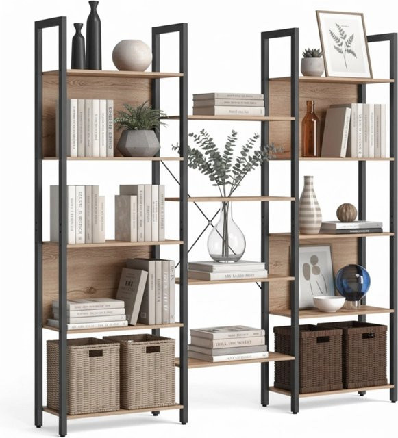 Relaxdays Bücherregal in Hellbraun mit 14 Ablagen aus MDF und Eisen, B/H/T: 166 x 158 x 24 cm - Bild 1