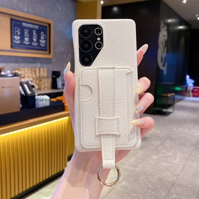 Samsung Galaxy Handyhülle aus PU Leder mit Litschi-Muster und Kartenhalter in Weiß inklusive Handgelenkstrap - Bild 1