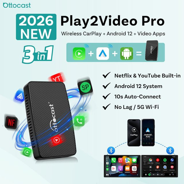 Ottocast Play2Video Pro Kabelloser CarPlay und Android Auto Adapter mit integrierter 5-Video-App-Unterstützung als All-in-One TV-Box in Schwarz - Bild 1