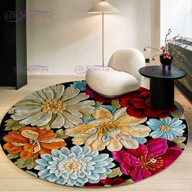 Magic Zhu Rundteppich mit Blumenmuster im Retro-Stil, Durchmesser: 120 cm, Mehrfarbig - Bild 1